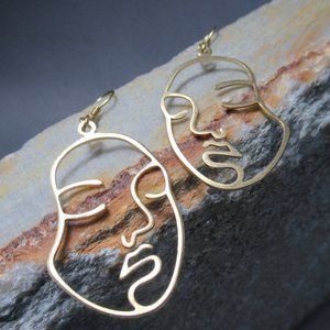 Dreaming Face Earrings, Large Abstract Golden Brass